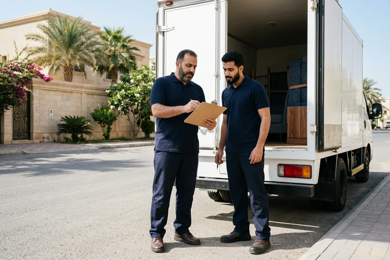 مشرف نقل وفني يراجعان جدول التحميل والتسليم أمام شاحنة النقل بجدة