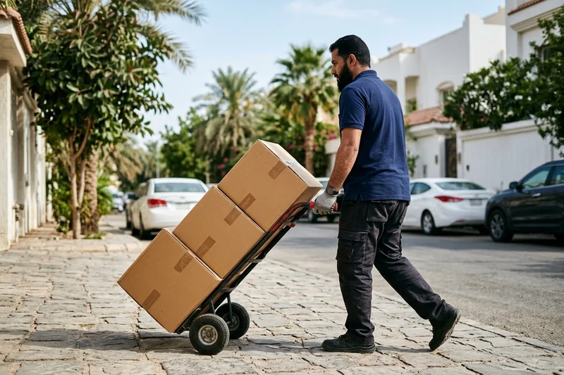 عامل نقل محترف ينقل كراتين العفش بترولي يدوي في شارع سكني بجدة