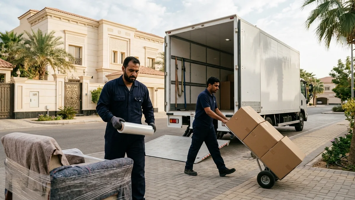 فريق مؤسسة بيت الحكمة يجهز شاحنة النقل والعفش أمام مبنى سكني بجدة