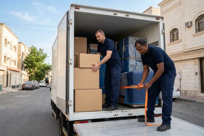 فريق بيت الحكمة يقوم بنقل أثاث ومكاتب تجارية بحي الفيصلية في جدة مع عربات النقل المبطنة