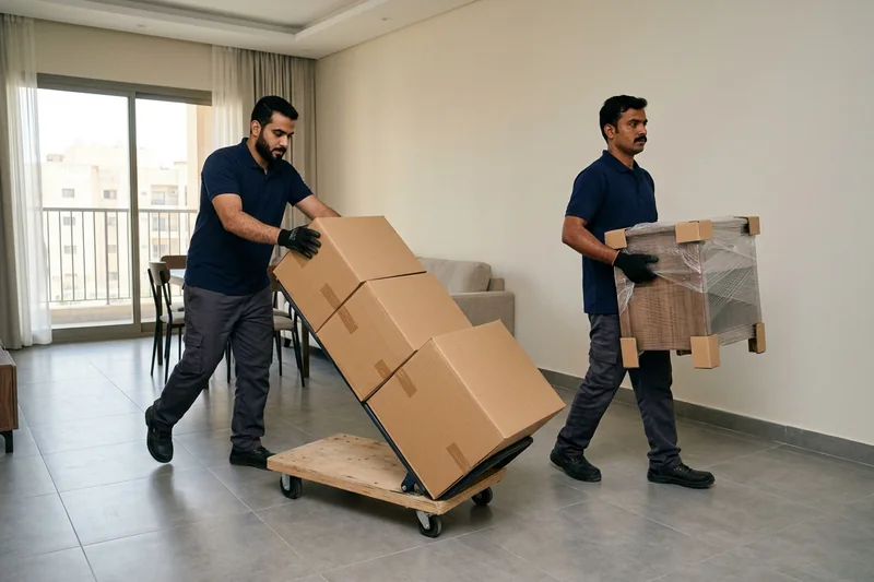 فريق بيت الحكمة ينقل صناديق وأثاث شقة سكنية بحي النسيم في جدة باستخدام عربات النقل المجهزة