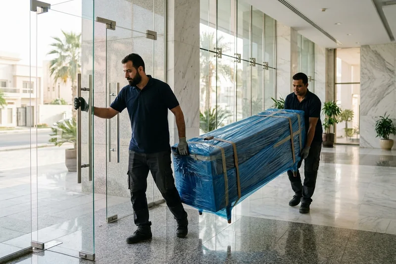 عاملان محترفان يخرجان قطعة أثاث مغلفة عبر مدخل عمارة زجاجية راقية بحي الزهراء بجدة