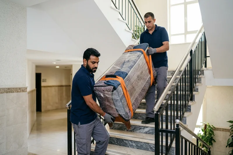 فريق بيت الحكمة ينزل أثاثاً ثقيلاً على السلالم بأحزمة الحمل الكتفية بأمان تام في جدة